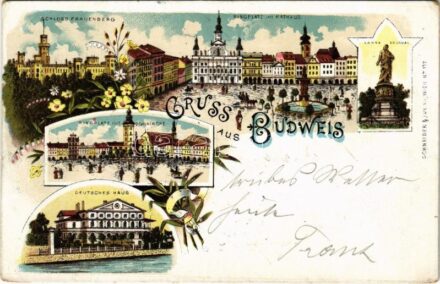 1900 Ceské Budejovice, Budweis; Schloss Frauenberg, Ringplatz mit Rathaus, Domkirche, Lanna Denkmal, Deutsches Haus / castle, main square, town hall, church, German House, monument. Schneider & Lux. Art Nouveau, floral, litho (EK)