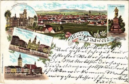 1897 (Vorläufer!) Ceské Budejovice, Budweis; Schloss Frauenberg, Ringplatz mit Rathaus, Domkirche, Lanna Denkmal / castle, main square, town hall, church, monument. Rudolf Österreicher Art Nouveau, floral, litho (EK)
