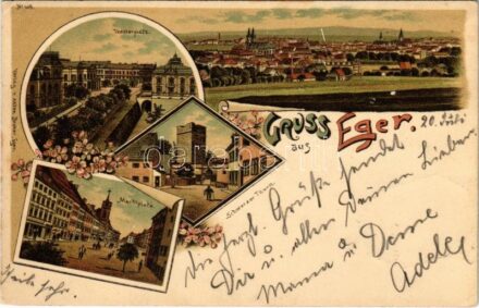1897 (Vorläufer!) Cheb, Eger; Theaterplatz, Schwarzer Turm, Marktplatz / theatre square, tower, market. Verlag v. Anton Becker. Art Nouveau, floral, litho (EK)