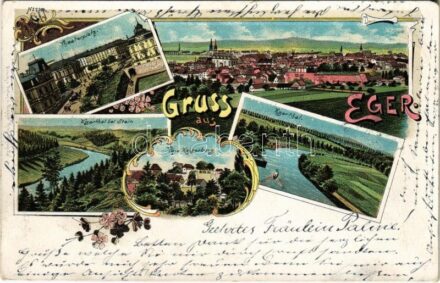 1899 (Vorläufer) Cheb, Eger; Theaterplatz, Egerthal bei Stein, Kaiserburg / theatre square, valley, castle. Art Nouveau, floral, litho (EK)