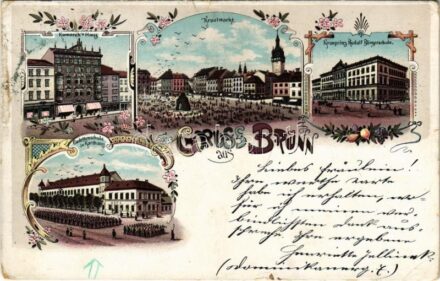 1898 (Vorläufer) Brno, Brünn; Krautmarkt, Komarek's Haus, Kronprinz Rudolf Bürgerschule, Cadettenschule in Karthaus / market, school, military cadet school. Art Nouveau, floral, litho (tear)