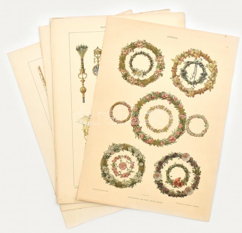 cca 1900-1910 7 db koszorúkat, díszes zászlórudakat, oszlopokat bemutató Dekorative Vorbilder nyomat, 35x25 cm körül