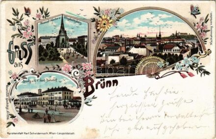 1897 (Vorläufer!) Brno, Brünn; Protest Kirche u. Elisabethplatz, Staats- u. K. F. Nord-Bahnhof / church, square, railway station. Karl Schwidernoch Art Nouveau, floral, litho (EK)