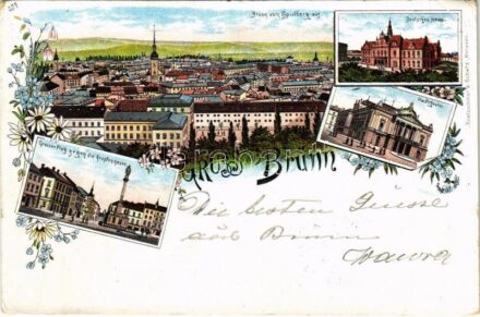 1897 (Vorläufer!) Brno, Brünn; Deutsches Haus, Grosser Platz gegen die Krapfengasse, Stadttheater / German House, square, street view, theatre. Kretzschmar & Schatz Art Nouveau, floral, litho (EK)