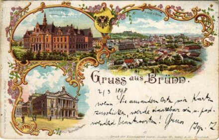 1898 (Vorläufer) Brno, Brünn; Deutsches Haus, Deutsches Theater, Ansicht / German House, theatre, general view. Art Nouveau, floral, litho (EK)