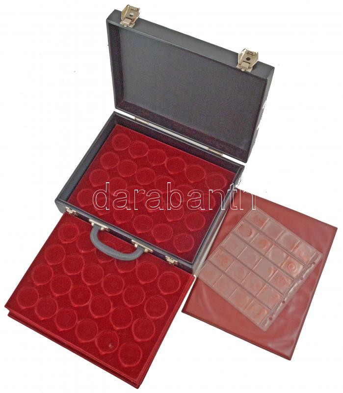 1db fekete műbőr érmetartó koffer 10db kivehető érmetartó tálcával, melyeken egyenként 24db 43mm-es férőhely található + 1db borítóval + 1db érmeberakó lappal 20db férőhellyel, használt, szép állapotban