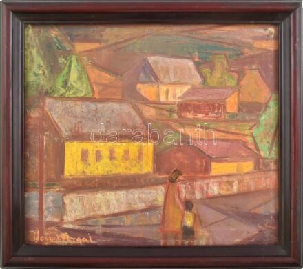 Ilosvai Varga I. jelzéssel: Falusi utca. Olaj, vászon, fa keretben, 37x32 cm