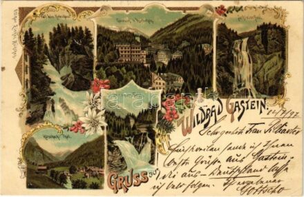 1897 (Vorläufer!) Bad Gastein, Fall beim Kadeschloss, Gastein v. Hirschen, Kötschach-Thal, Der obere Fall, Schleierfall. Ottmar Zieher Art Nouveau, floral, litho (EK)