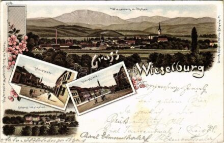 1897 (Vorläufer!) Wieselburg, Hauptplatz, Schloss Weinzierl / main square, general view, castle. Regel & Krug Art Nouveau, floral, litho (EK)