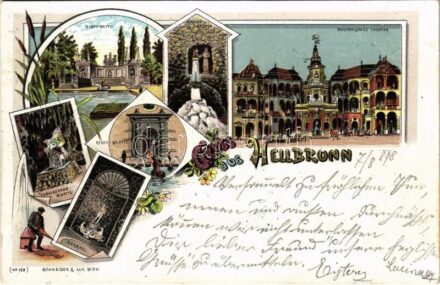 1898 (Vorläufer) Salzburg, Gruss aus Hellbrunn. Kronen-Grotte, Mechanisches Theater, Vogelsang-Grotte, Regen-Grotte, Germaul. Schneider & Lux Art Nouveau, floral, litho