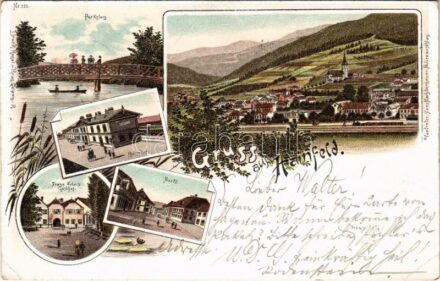 1897 (Vorläufer!) Hainfeld, Parksteg, Bahnhof, Markt, Franz Zobel's Gasthof / park, railway station, market, inn, hotel. Regel & Krug Art Nouveau, floral, litho (EK)