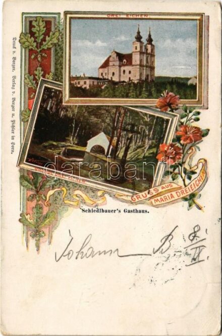 1898 (Vorläufer) Maria Dreieichen (Mold), Drei Eichen, Bründl Drei Eichen, Schiedlbauer's Gasthaus. Art Nouveau, floral (EK)