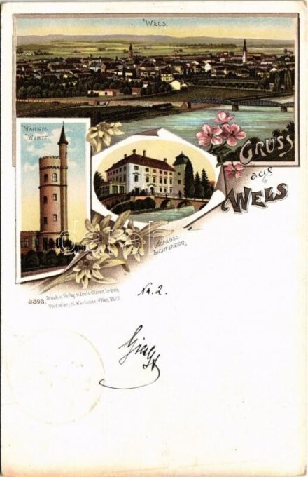 1899 (Vorläufer) Wels, Marien-Warte, Schloss Lichtenegg / castle. Art Nouveau, floral, litho (EK)