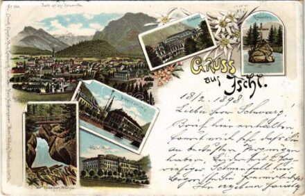 1898 (Vorläufer) Bad Ischl, Ischl mit der Kaiservilla, Curhaus, Kreuzstein, Hotel-Elisabeth, Hotel-Bauer. Regel & Krug Art Nouveau, floral, litho (EK)