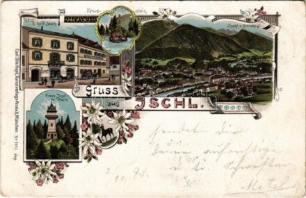 1898 (Vorläufer) Bad Ischl, Hotel z. gold. Stern, Kreuzstein, Ischl v. Siriuskogl, Franz Josef-Warte. Carl Otto Hayd Art Nouveau, floral, litho (EK)