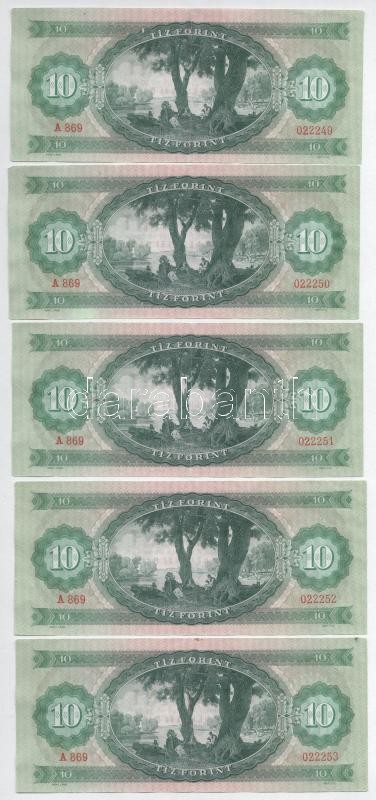 1969. 10Ft (5x) sorszámkövető 'A 869 022249 - A 869 022253' T:III szép papír Adamo F7 - Image 2