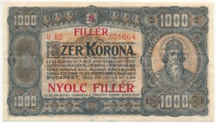 1923. 1000K 'B 82 851664', '8 FILLÉR - NYOLC FILLÉR' felülnyomással, nyomdahely jelölés nélkül T:III Adamo K37B