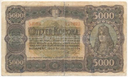 1923. 5000K 'Magyar Pénzjegynyomda Rt. Budapest' jelöléssel, '5B03 277823' T:III- Adamo K39