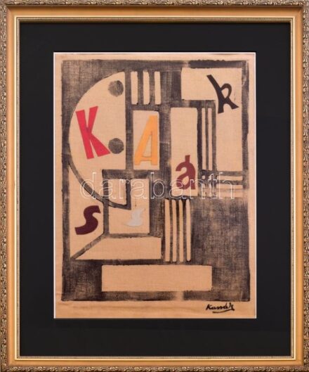 Kassák jelzéssel: Cím nélkül. Monotípia, kollázs, vászon. Üvegezett fakeretben. 35x27 cm
