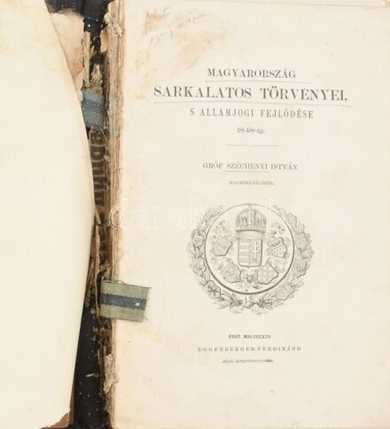Magyarország sarkalatos törvényei, s államjogi fejlődése 1848-ig. Gróf Széchenyi István hagyományaiból. Pest, 1864. Eggenberger Ferdinánd, (Pollák Testvérek-ny.), VIII+168 p. Átkötött kopott egészvászon-kötésben, sérült