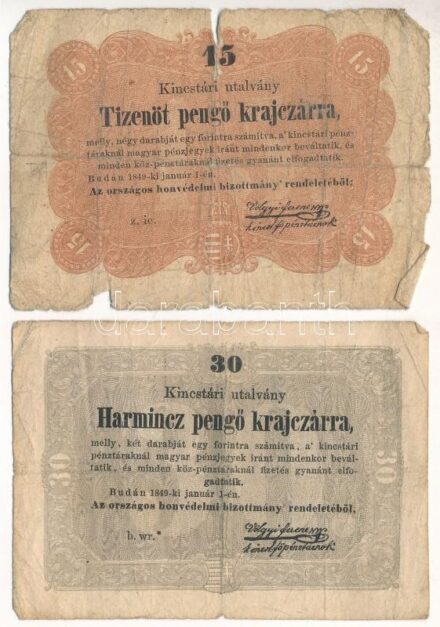1849. 15kr + 30kr 'Kossuth bankó' T:III-,IV Adamo G102, G103