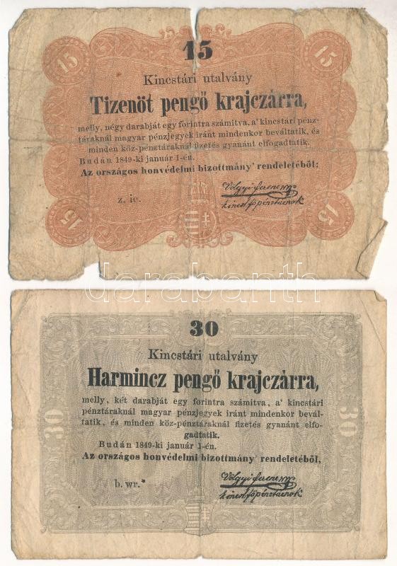 1849. 15kr + 30kr 'Kossuth bankó' T:III-,IV Adamo G102, G103