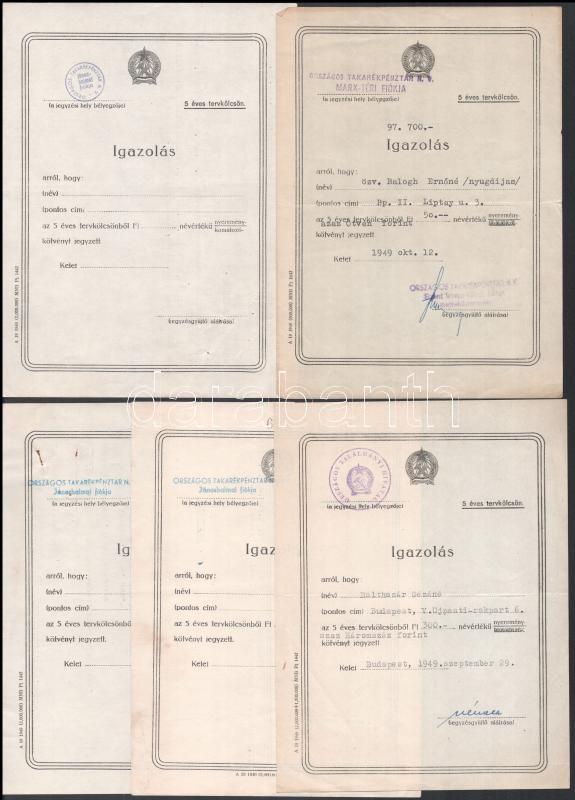 1949 5 db 5 éves tervkölcsön igazolás, részben kitöltetlen, Országos Takarékpénztár és Országos Találmányi Hivatal bélyegzőkkel