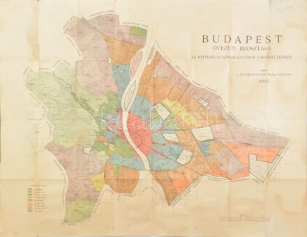 1914 Budapest övezeti beosztása, az Építésügyi Szabályzathoz tartozó térképe, 1:25.000, Bp., Fővárosi Közmunkák Tanácsa, hajtott, foltos, 99x79 cm