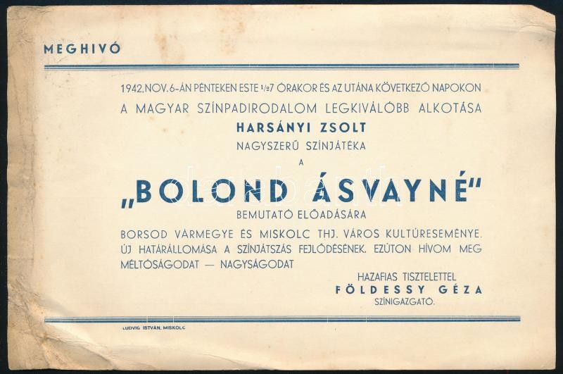 1942 Meghívó a Miskolci Nemzeti Színház 'Bolond Ásvayné' előadásának bemutatójára