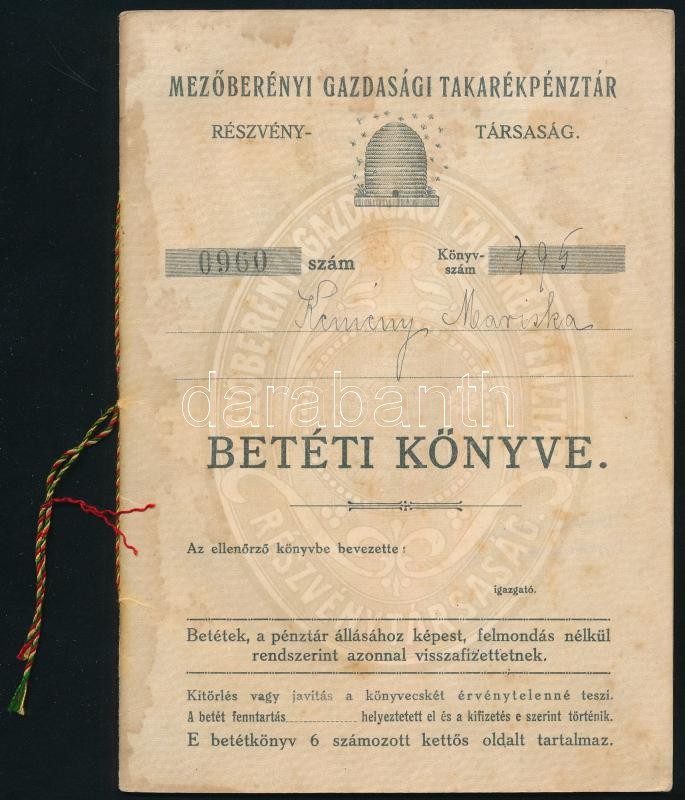 1913 Mezőberényi Gazdasági Takarékpénztár Részvénytársaság betétkönyve