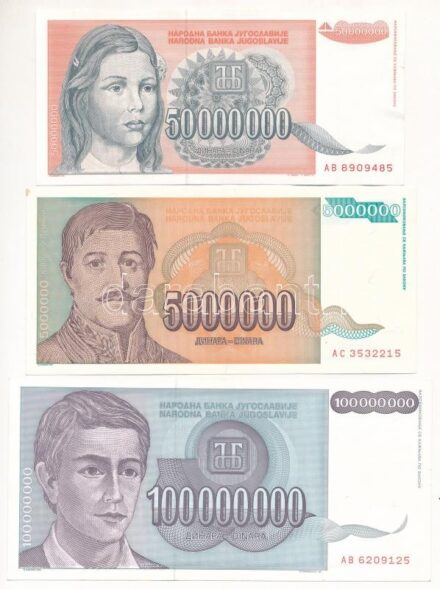 Jugoszlávia 1993. 5.000.000D-100.000.000D (3xklf) T:I-III az egyiken kis folt Yugoslavia 1993. 5.000.000 Dinara - 100.000.000 Dinara (3xdiff) C:UNC-F small spot on one of them Krause P#132, #123-124