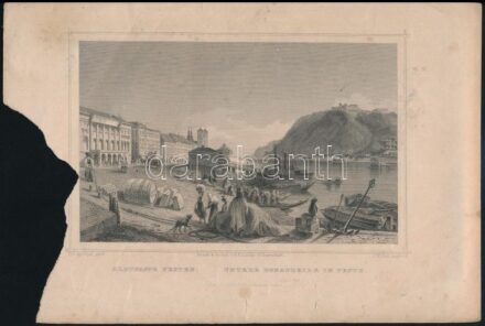1856 Ludwig Rohbock (1820-1883): Aldunasor Pesten, Untere Donauzeile in Pesth, acélmetszet, jelzett a metszeten, foltos, sérült, hiányos, de maga a metszet épp,11x17 cm