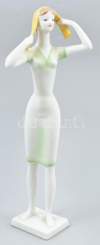 Hollóházi női figura. Sárga kendőt kötő nő. Kézzel festett porcelán, jelzett, hibátlan, m: 27,5cm