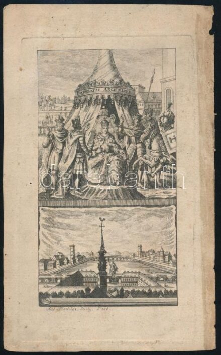 cca 1792 Anton Tischler (1721-1780): 'Barclaius Argenisse', címkép a Barklájus János Argenisse, mellyet néhai tekéntetes nemes Fejér Antal, ... c. könyvből (Eger,1792), rézmetszet, papír, jelzett a nyomaton, foltos, 17x9 cm