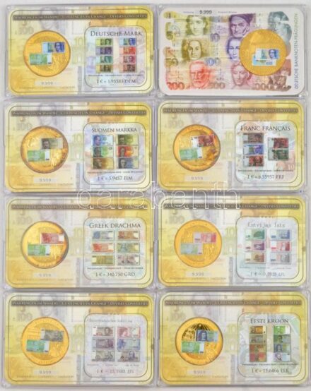 7db-os aranyozott 'EUROPA' emlékérem-tétel multicolor rátéttel, mindegyik műanyag tokban, a nemzeti valuták Euróra történő átváltási számával + Németország DN 'Abschied einer währung / Clara Schumann - Deutschland 1989-2001 -