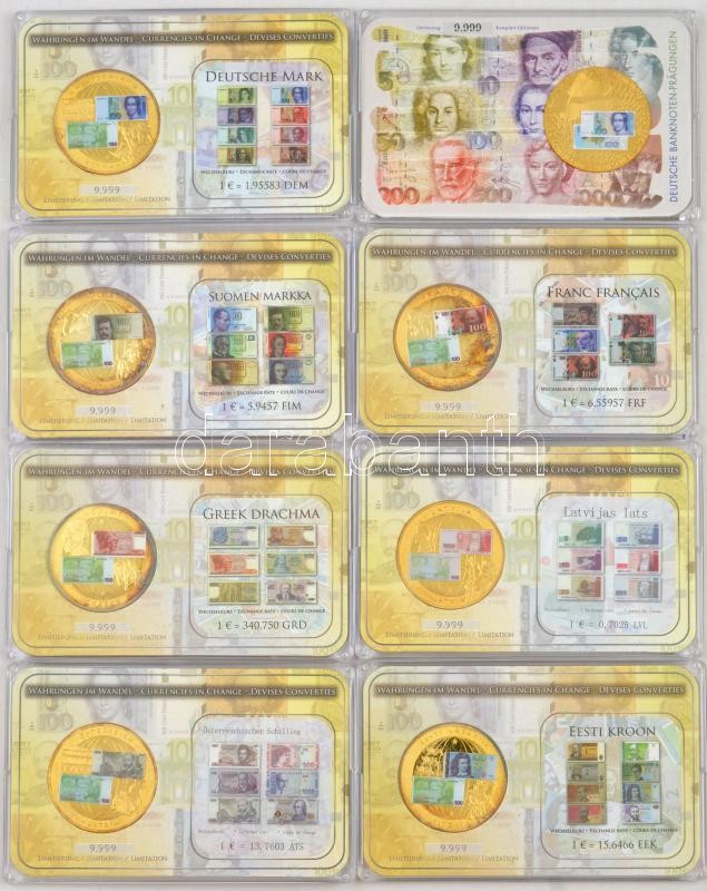 7db-os aranyozott 'EUROPA' emlékérem-tétel multicolor rátéttel, mindegyik műanyag tokban, a nemzeti valuták Euróra történő átváltási számával + Németország DN 'Abschied einer währung / Clara Schumann - Deutschland 1989-2001 -