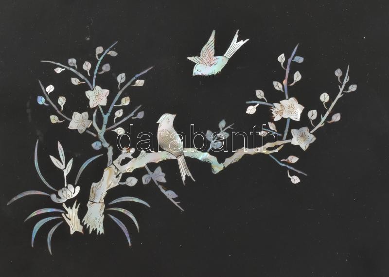 Kínai lakk doboz, gyöngyház berakással, kopásnyomokkal, 25x18x6,5cm - Image 2