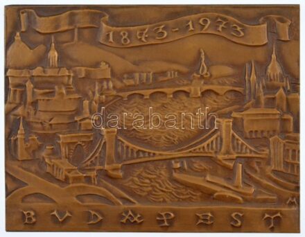 Madarassy Walter (1909-1994) 1973. 'Budapest 1873-1973' egyoldalas, öntött bronz plakett dísztokban (78x101mm) T:1