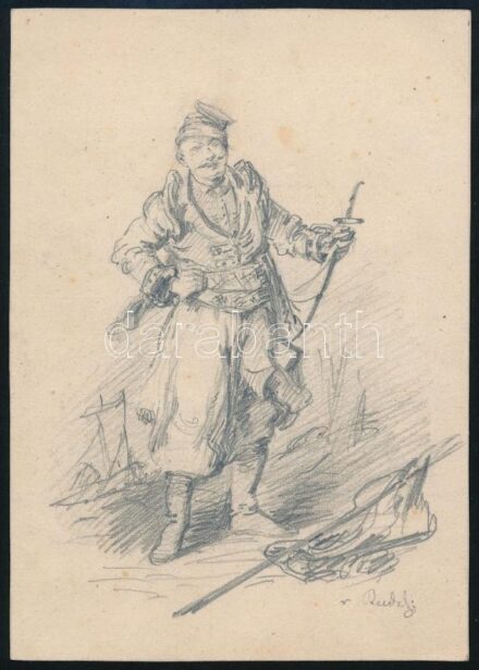 Olvashatatlan jelzéssel, feltehetőleg osztrák vagy német művész munkája: Katona vázlatrajz, ceruza, papír, jelzett, 15x10 cm