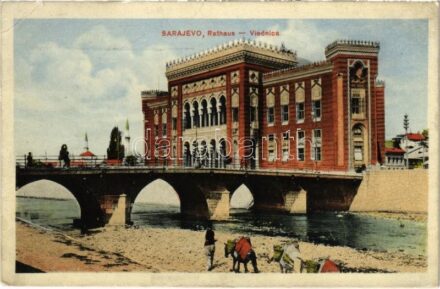 1915 Sarajevo, Rathaus / Viecnica / town hall, bridge + 'M. kir. budapesti 29. népfelkelő ezred 10. század' (EK)