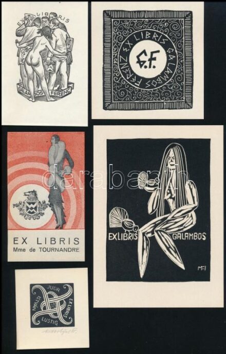 Jelzés nélkül: Art deco ex libris (Mme de Tournandre). Színes klisé, papír, 10×6 cm, Jelzés nélkül: Galambos Ferenz. Fametszet, papír, 8x7,5cm, Varsányi Pál: Hajdu János. Fametszet, papír, 9x6,5cm, Olvashatatlan jelzéssel: Galambos