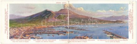 Naples, Napoli; Il Vesuvio e la Ferrovia e la Funicolare Vesuviana / Mount Vesuvius with Railway and Funicular. Travel by the Vesuvius Railway when visiting the crater. Tourist advertisement folding panoramacard (EK)