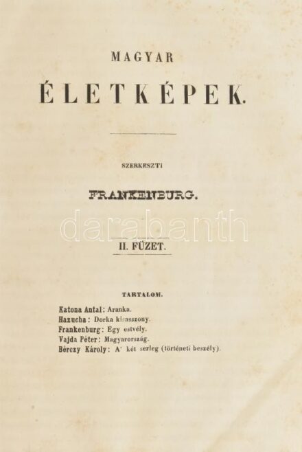1843 Magyar Életképek. I. évf. I-VI. szám. Első félév. Pest, 1843., Heckenast Gusztáv, 4+VII+100;2+92;2+93;2+104;2+96;2+100 p. korabeli aranyozott gerincű félbőr-kötésben, kopott borítóval, sérült gerinccel, foltos lapokkal.