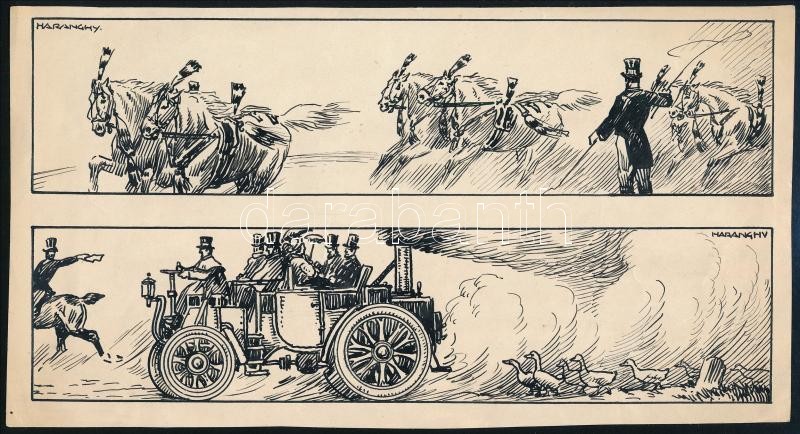 Haranghy Jenő (1894-1951): 2 db grafika. Tus, papír, jelzett, 25,5x13,5 cm
