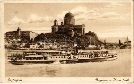 1934 Esztergom, Bazilika a Duna felől, 'Szent László' oldalkerekes gőzhajó (EK)
