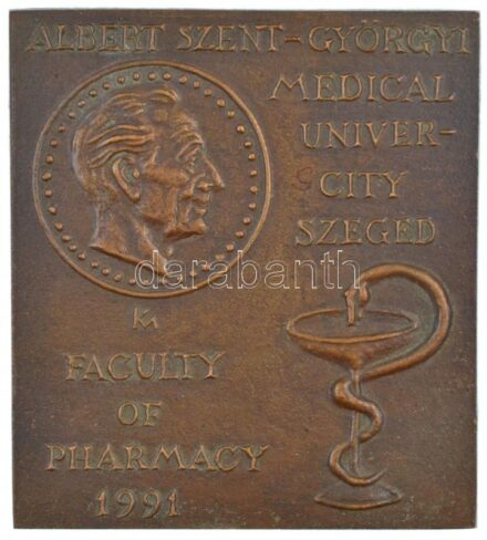 Kalmár Márton (1946- ) 1991. 'Albert Szent-Györgyi Medical Univercity(sic!) Szeged - Faculty of Pharmacy 1991' egyoldalas, öntött bronz plakett (101x91mm) T:1-