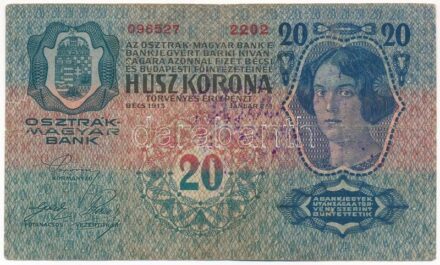 1913. 20K '2202 096527' kiolvashatatlan felülbélyegzéssel T:III szakadás Adamo K18
