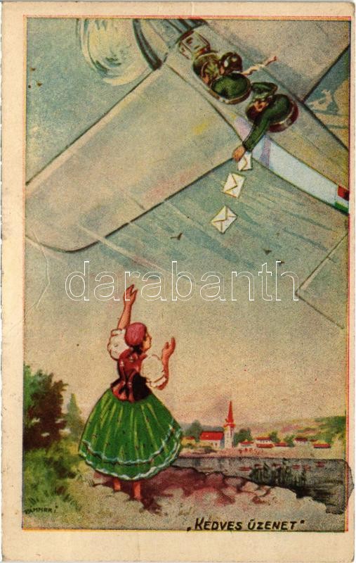 1943 Kedves üzenet / WWII Hungarian military art postcard, aircraft, pilot s: Pammer (fa)