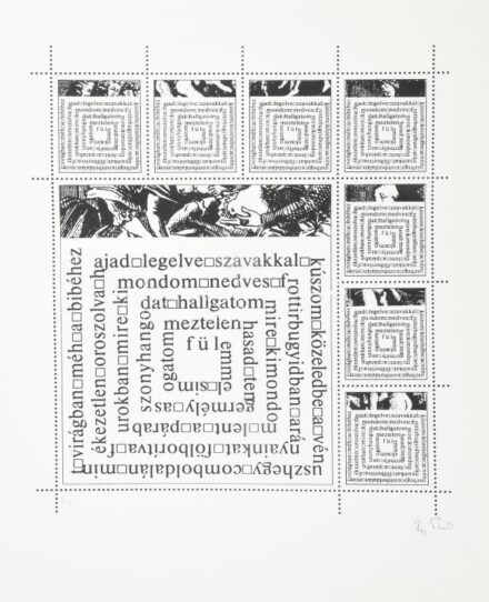 Papp Tibor (1936-2018): Szójáték. Szitanyomat, papír. Jelzett. Művészpéldány E.A. jelzéssel. 45,5x36 cm. Papp Tibor művészetéből az avantgárd sokszínűségét rekonstruálhatjuk: hagyományos értelemben vett szövegversek,