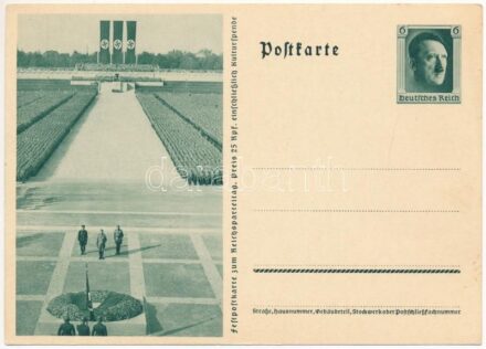 Feldpostkarte zum Reichsparteitag / NSDAP German Nazi Party propaganda, swastika. 6 Ga. Adolf Hitler